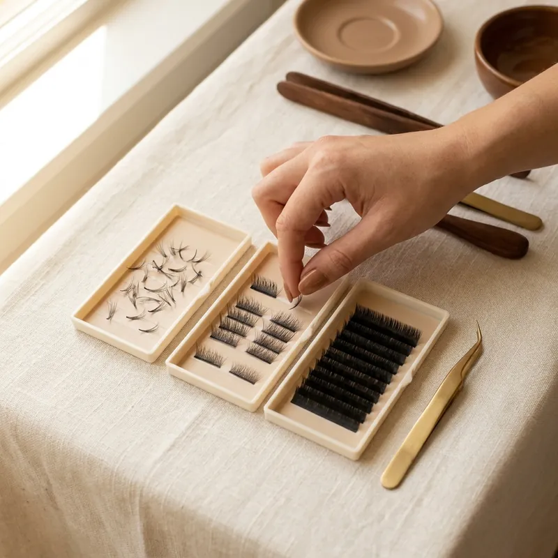 Trays of lash extensions laid out on a linen table